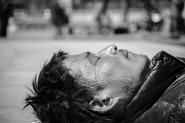 Sleeping homeless man in Busan, Korea.
