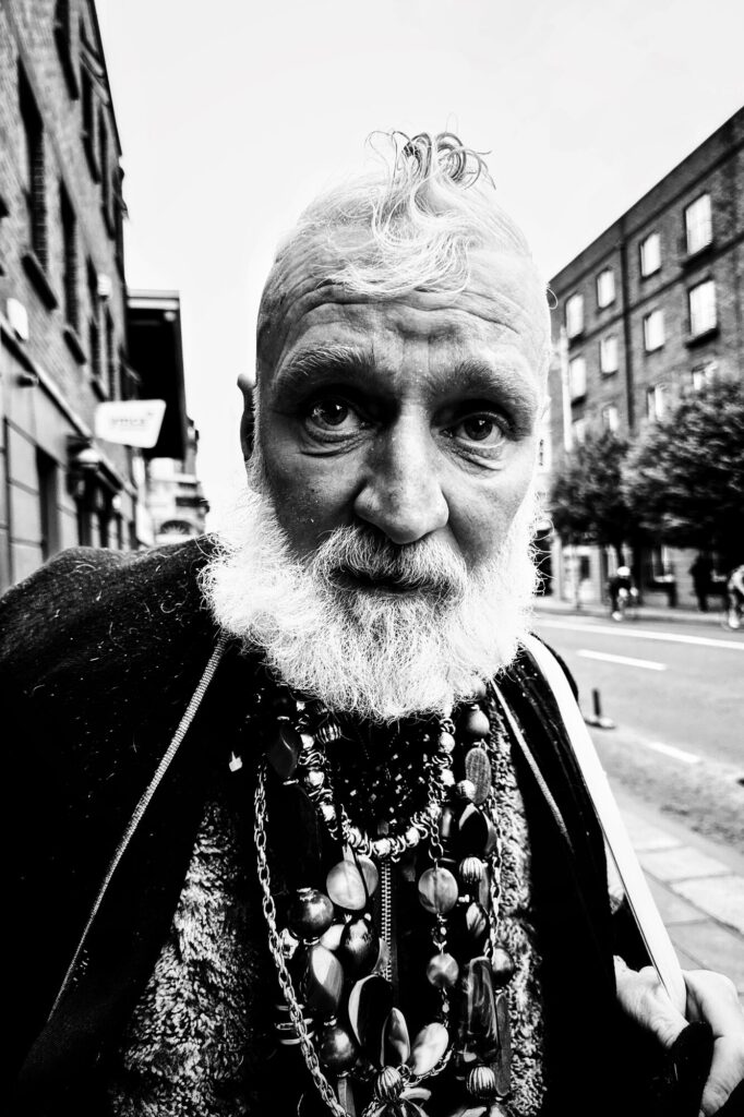 Black and white street portrait of a bearded man on a Dublin street,
Brendan Ó Sé street photography workshop